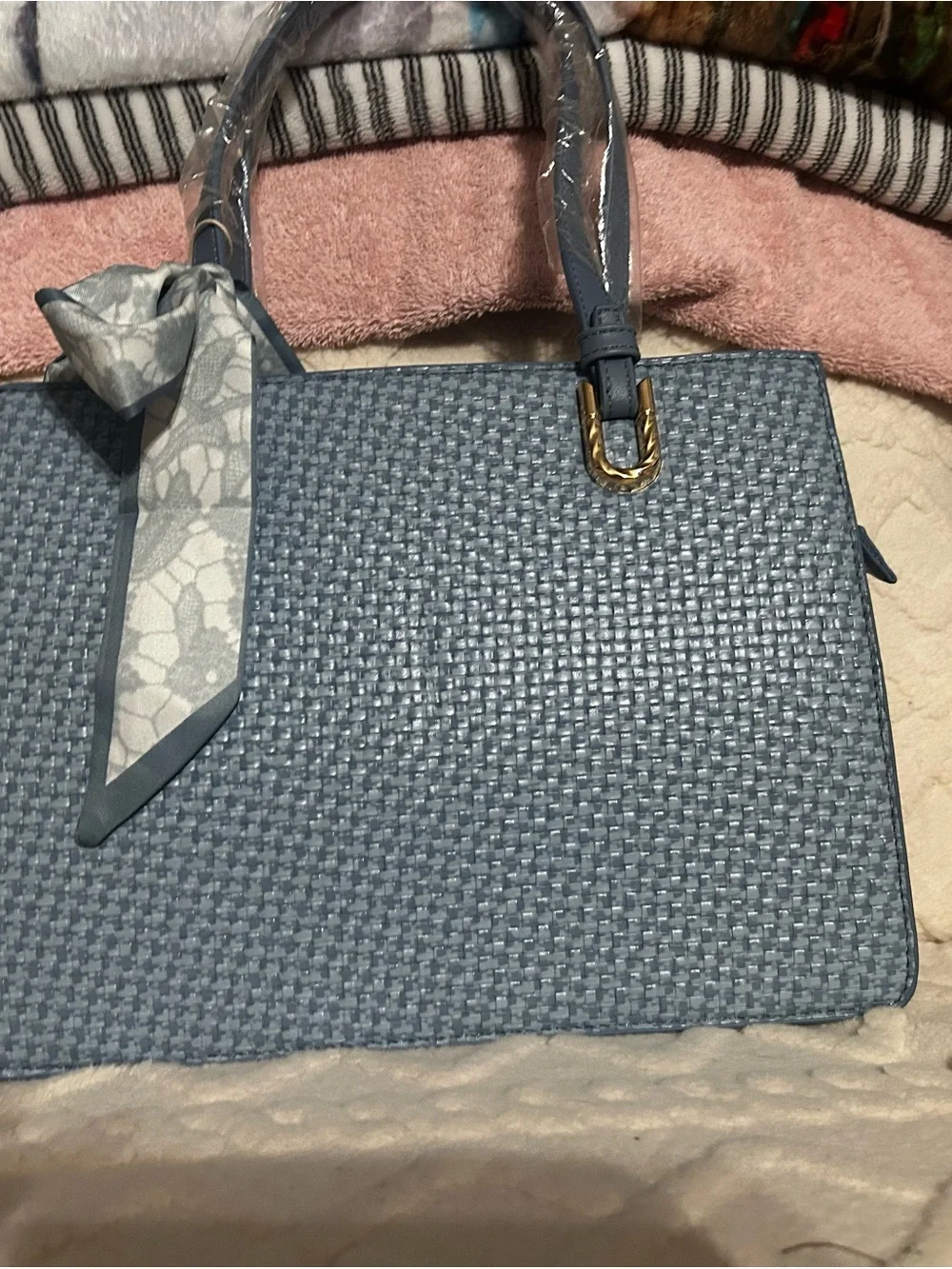Blue Woven Vegan Tote Bag - Stylish Everyday Shoulder Bag